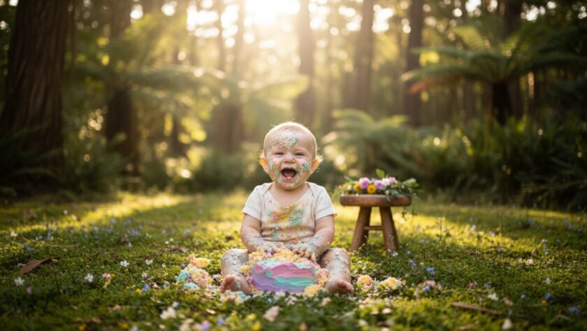 An enchanting Olinda Victoria fairy tale cake smash photoshoot moment featuring a joyful baby in a whimsical forest setting, covered in cake, with soft natural light filtering through the trees, capturing pure delight.