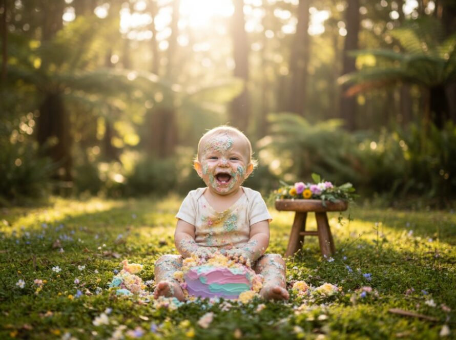 An enchanting Olinda Victoria fairy tale cake smash photoshoot moment featuring a joyful baby in a whimsical forest setting, covered in cake, with soft natural light filtering through the trees, capturing pure delight.