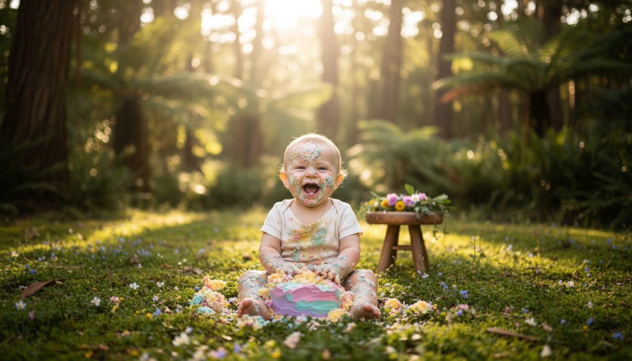 An enchanting Olinda Victoria fairy tale cake smash photoshoot moment featuring a joyful baby in a whimsical forest setting, covered in cake, with soft natural light filtering through the trees, capturing pure delight.