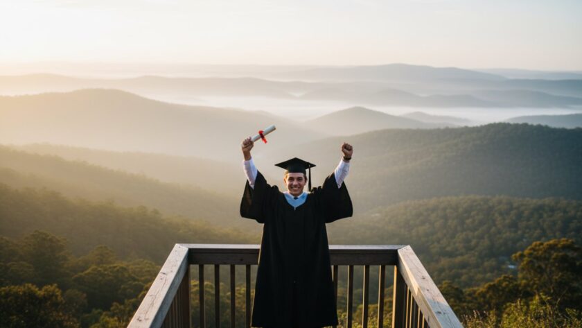 A proud graduate in their cap and gown, beaming with joy, holding their degree aloft against the majestic, misty backdrop of the Dandenong Ranges in Olinda, Victoria, during their Olinda Victoria graduation photo sessions, captured at sunset with golden light. The student stands on a scenic overlook, celebrating an epic academic milestone.