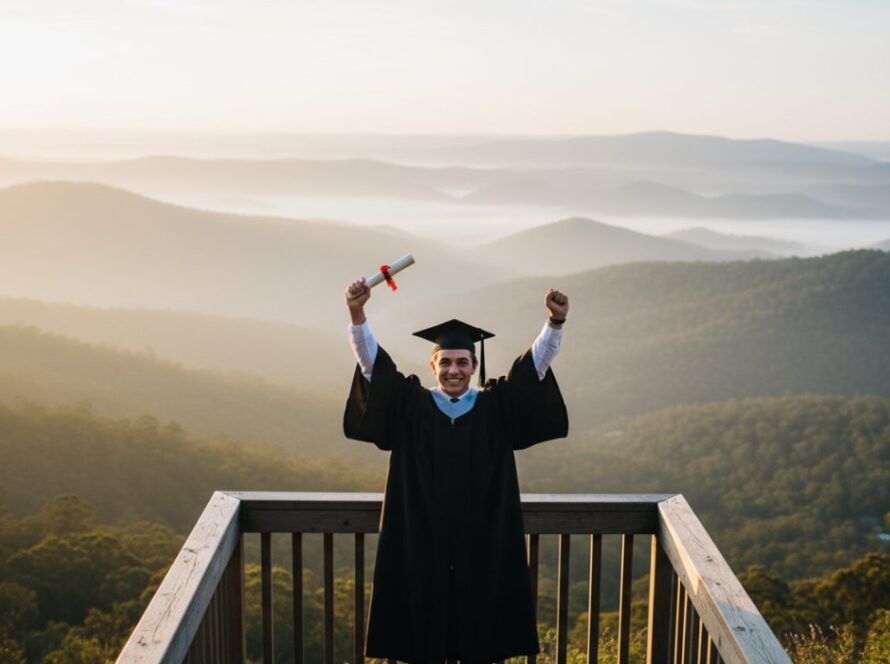 A proud graduate in their cap and gown, beaming with joy, holding their degree aloft against the majestic, misty backdrop of the Dandenong Ranges in Olinda, Victoria, during their Olinda Victoria graduation photo sessions, captured at sunset with golden light. The student stands on a scenic overlook, celebrating an epic academic milestone.
