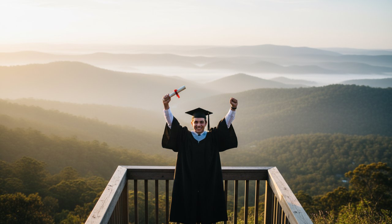 A proud graduate in their cap and gown, beaming with joy, holding their degree aloft against the majestic, misty backdrop of the Dandenong Ranges in Olinda, Victoria, during their Olinda Victoria graduation photo sessions, captured at sunset with golden light. The student stands on a scenic overlook, celebrating an epic academic milestone.