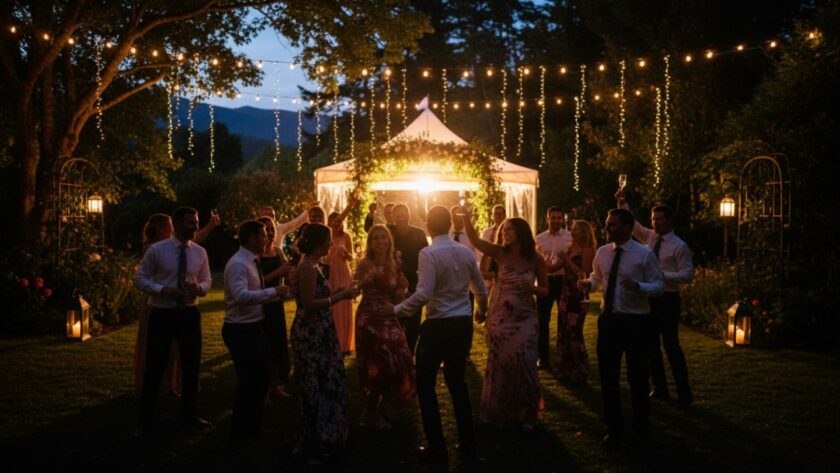 A candid, joyous moment captured with Olinda Victoria vibrant party photography, featuring guests laughing and dancing under twinkling lights at a garden party, with lush Dandenong Ranges greenery in the background.