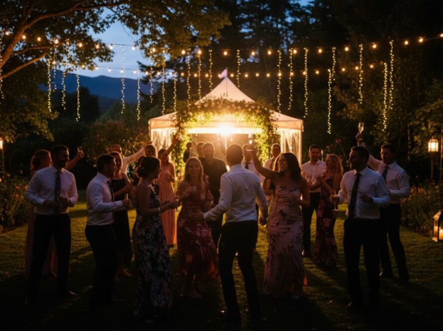 A candid, joyous moment captured with Olinda Victoria vibrant party photography, featuring guests laughing and dancing under twinkling lights at a garden party, with lush Dandenong Ranges greenery in the background.
