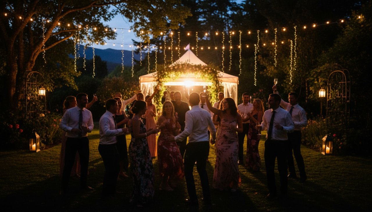 A candid, joyous moment captured with Olinda Victoria vibrant party photography, featuring guests laughing and dancing under twinkling lights at a garden party, with lush Dandenong Ranges greenery in the background.