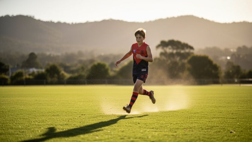 A dramatic, low-angle photograph capturing a young soccer player in Olinda mid-kick, ball blurred with motion, intense focus on their face, surrounded by the vibrant green of the Dandenong Ranges, perfectly illustrating Olinda youth sports photography for local teams.
