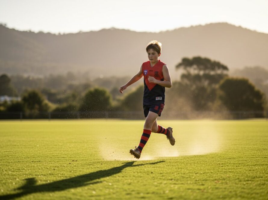 A dramatic, low-angle photograph capturing a young soccer player in Olinda mid-kick, ball blurred with motion, intense focus on their face, surrounded by the vibrant green of the Dandenong Ranges, perfectly illustrating Olinda youth sports photography for local teams.