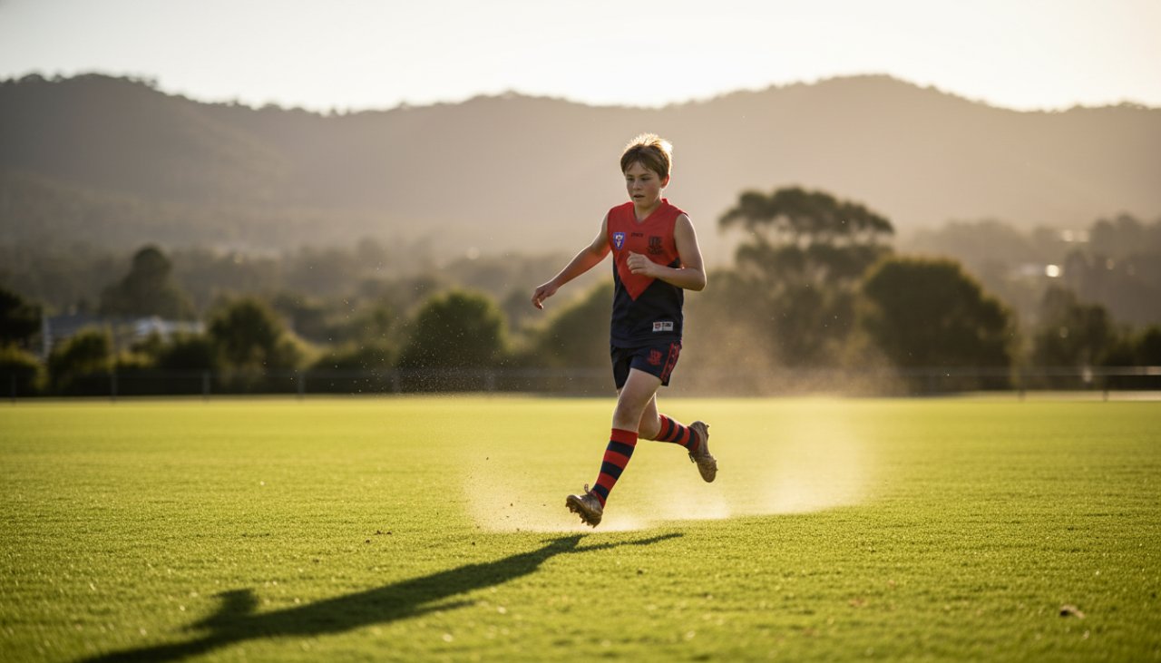 A dramatic, low-angle photograph capturing a young soccer player in Olinda mid-kick, ball blurred with motion, intense focus on their face, surrounded by the vibrant green of the Dandenong Ranges, perfectly illustrating Olinda youth sports photography for local teams.