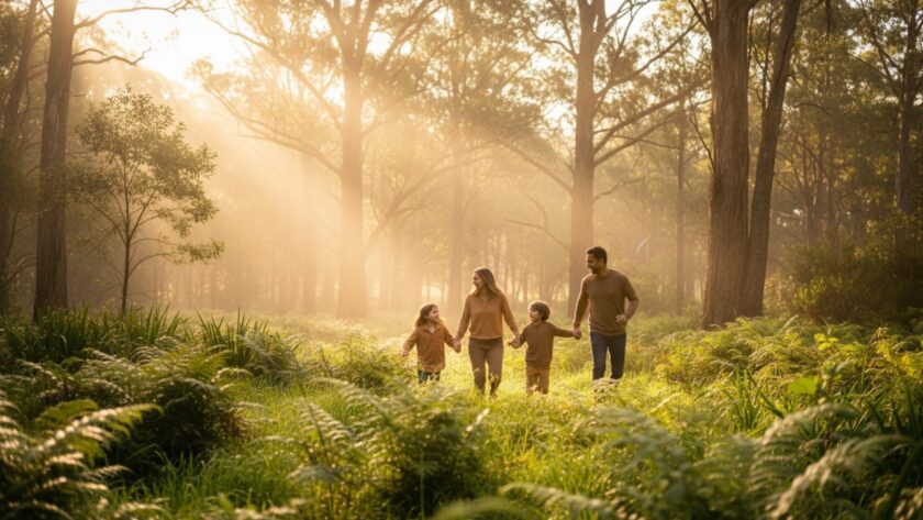 An epic moment of a family laughing joyfully amidst the lush, sun-dappled Dandenong Ranges, captured during an outdoor family photography The Patch scenic Dandenongs session.