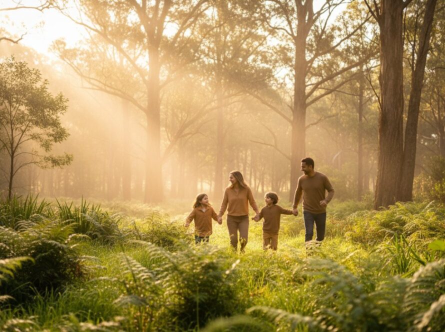 An epic moment of a family laughing joyfully amidst the lush, sun-dappled Dandenong Ranges, captured during an outdoor family photography The Patch scenic Dandenongs session.