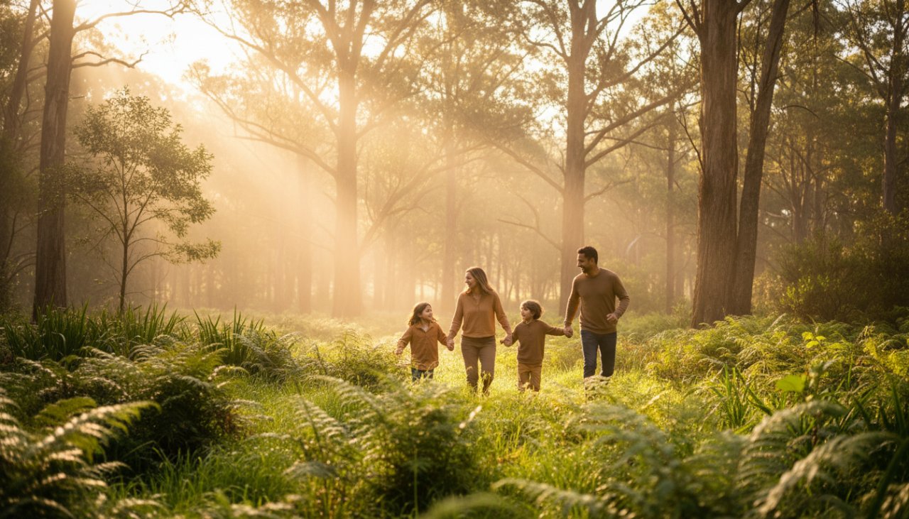 An epic moment of a family laughing joyfully amidst the lush, sun-dappled Dandenong Ranges, captured during an outdoor family photography The Patch scenic Dandenongs session.