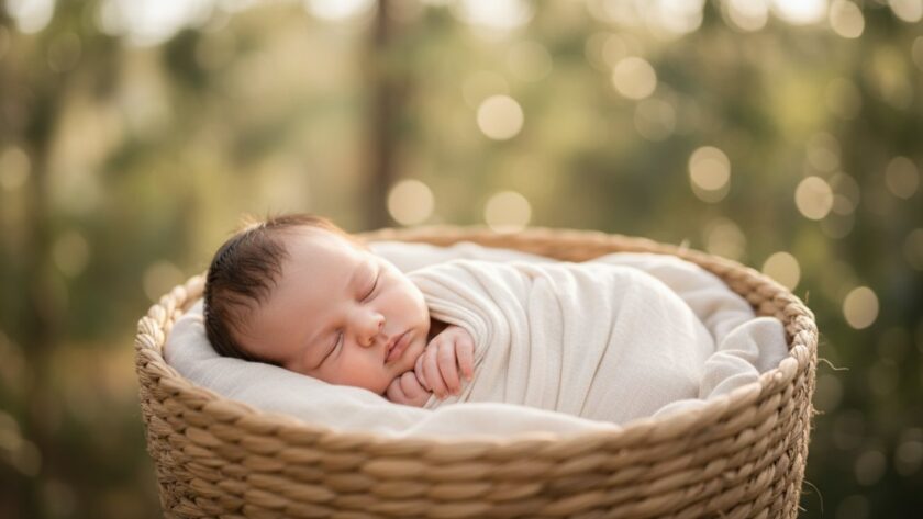 An artistic close-up of a sleeping newborn baby wrapped in soft, natural fibres, bathed in warm, gentle morning light, with the subtle, blurred backdrop of the Dandenong Ranges hills near Upwey, epitomizing peaceful newborn photography in the Upwey foothills.