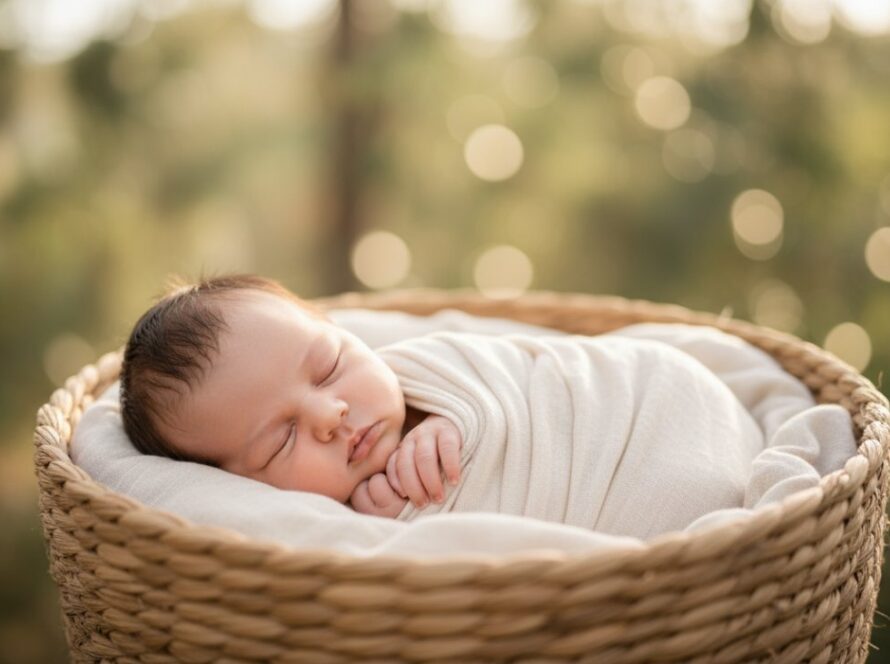 An artistic close-up of a sleeping newborn baby wrapped in soft, natural fibres, bathed in warm, gentle morning light, with the subtle, blurred backdrop of the Dandenong Ranges hills near Upwey, epitomizing peaceful newborn photography in the Upwey foothills.
