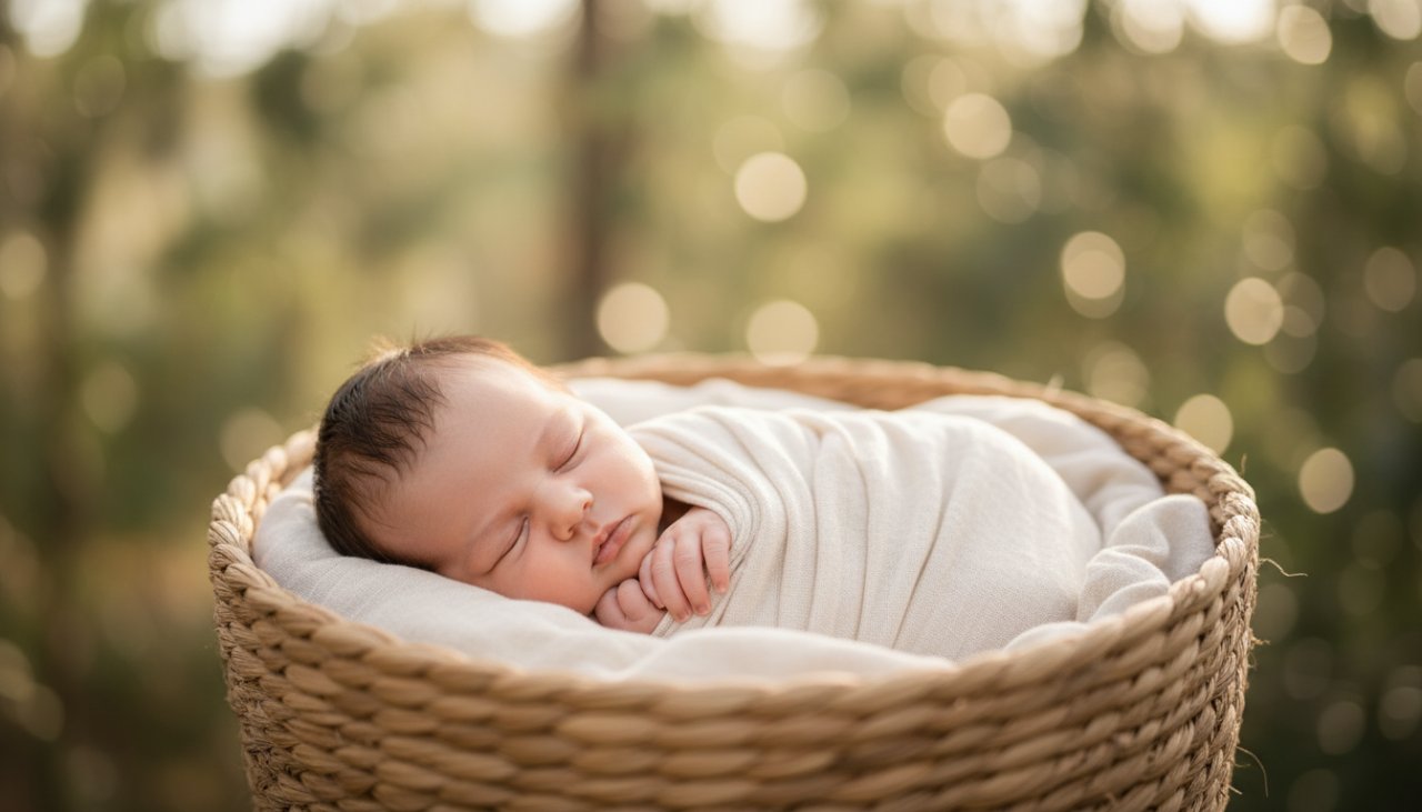 An artistic close-up of a sleeping newborn baby wrapped in soft, natural fibres, bathed in warm, gentle morning light, with the subtle, blurred backdrop of the Dandenong Ranges hills near Upwey, epitomizing peaceful newborn photography in the Upwey foothills.