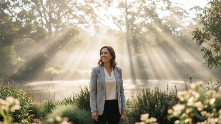 A confident female professional smiling genuinely, bathed in golden hour light amidst the lush greenery of an Emerald Victoria park, embodying authentic personal branding headshots Emerald Victoria for her modern profile.