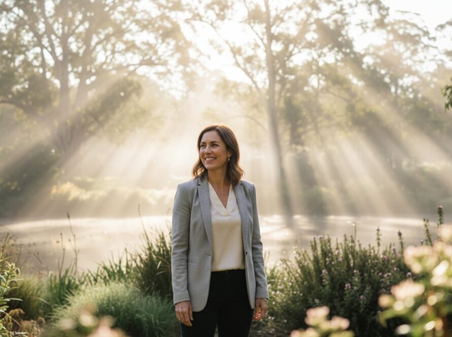 A confident female professional smiling genuinely, bathed in golden hour light amidst the lush greenery of an Emerald Victoria park, embodying authentic personal branding headshots Emerald Victoria for her modern profile.