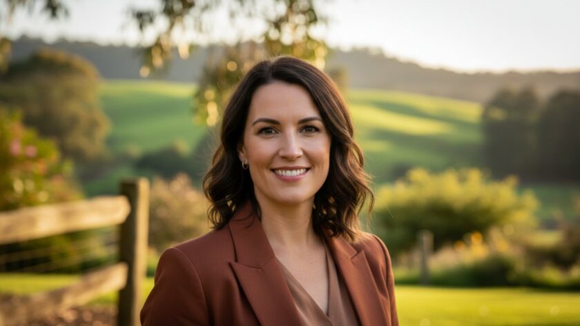 A confident business professional with a warm smile, captured in a personalised professional headshots Tremont style, standing against a softly blurred backdrop of lush, natural greenery typical of the Tremont area, golden hour light highlighting their profile, conveying approachability and professionalism.