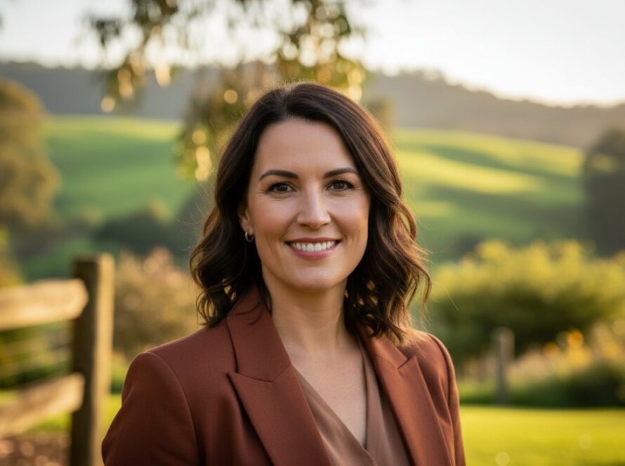 A confident business professional with a warm smile, captured in a personalised professional headshots Tremont style, standing against a softly blurred backdrop of lush, natural greenery typical of the Tremont area, golden hour light highlighting their profile, conveying approachability and professionalism.