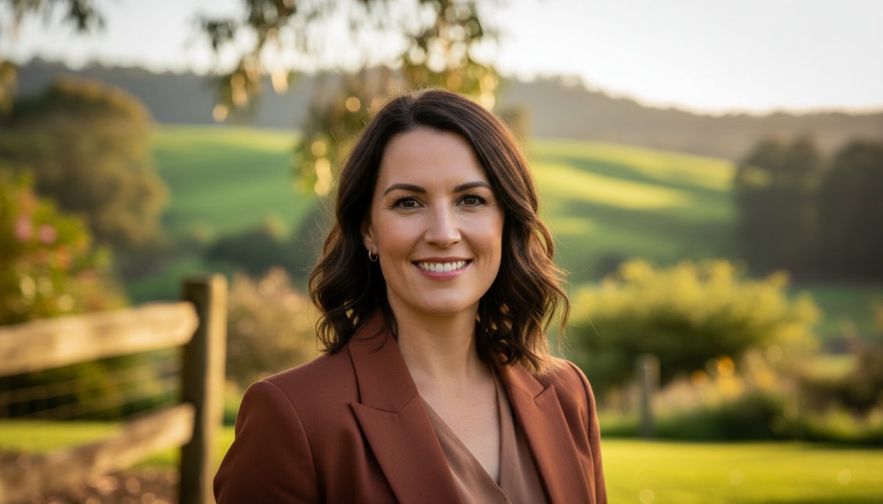 A confident business professional with a warm smile, captured in a personalised professional headshots Tremont style, standing against a softly blurred backdrop of lush, natural greenery typical of the Tremont area, golden hour light highlighting their profile, conveying approachability and professionalism.