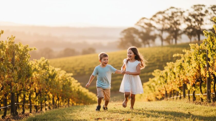 An epic moment of joyful, playful kids photography in Dixons Creek, Victoria, with siblings laughing and running through a sun-drenched vineyard, capturing their genuine connection and happiness.