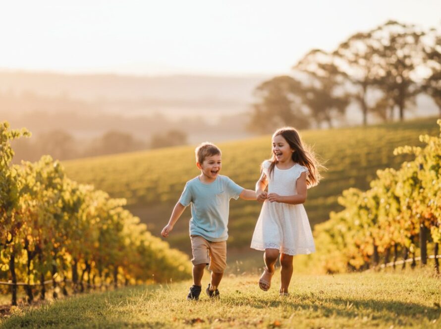 An epic moment of joyful, playful kids photography in Dixons Creek, Victoria, with siblings laughing and running through a sun-drenched vineyard, capturing their genuine connection and happiness.