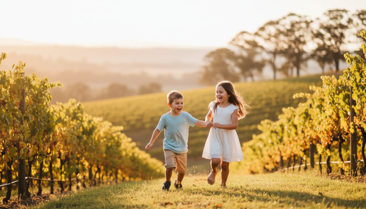An epic moment of joyful, playful kids photography in Dixons Creek, Victoria, with siblings laughing and running through a sun-drenched vineyard, capturing their genuine connection and happiness.