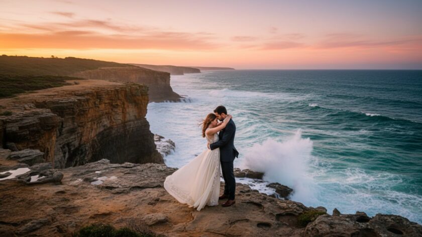 An epic moment captured during a Portsea Cliffside Pre-Wedding Photoshoot Victoria, featuring a couple embracing dramatically against the rugged coastline and a fiery sunset, with waves crashing below.