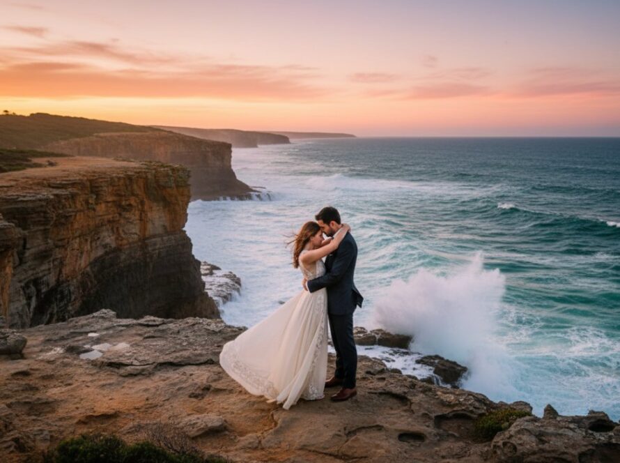 An epic moment captured during a Portsea Cliffside Pre-Wedding Photoshoot Victoria, featuring a couple embracing dramatically against the rugged coastline and a fiery sunset, with waves crashing below.
