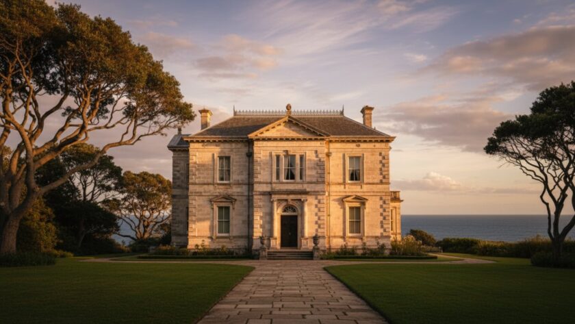 An epic, cinematic shot showcasing the elegant lines and weathered facade of a historic Portsea coastal heritage architecture, bathed in warm, golden hour light, with a gentle sea breeze subtly moving nearby foliage, capturing its timeless beauty.