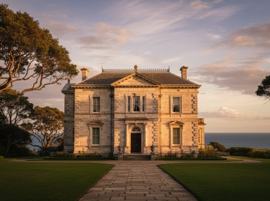 An epic, cinematic shot showcasing the elegant lines and weathered facade of a historic Portsea coastal heritage architecture, bathed in warm, golden hour light, with a gentle sea breeze subtly moving nearby foliage, capturing its timeless beauty.