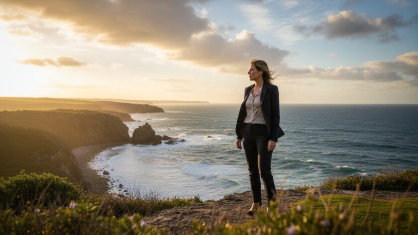 A confident male executive in a sharp business suit is captured in an epic, dramatic Portsea corporate headshot, with the rugged coastline and a hint of the calm Portsea bay in the background, bathed in golden hour light, reflecting professionalism and natural beauty. This Portsea Corporate Headshots for Executive Branding photograph embodies leadership and serenity.