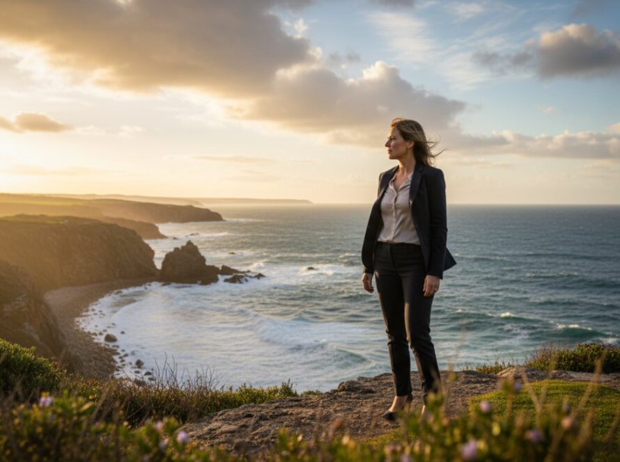 A confident male executive in a sharp business suit is captured in an epic, dramatic Portsea corporate headshot, with the rugged coastline and a hint of the calm Portsea bay in the background, bathed in golden hour light, reflecting professionalism and natural beauty. This Portsea Corporate Headshots for Executive Branding photograph embodies leadership and serenity.