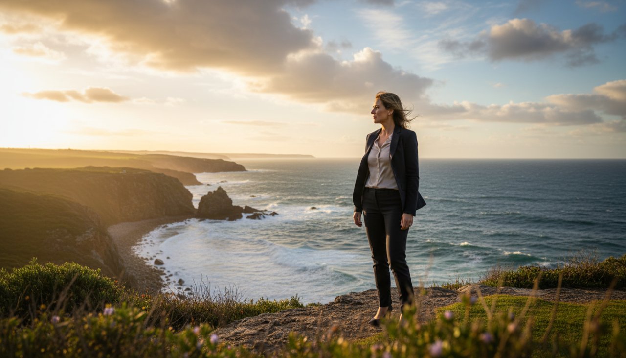 A confident male executive in a sharp business suit is captured in an epic, dramatic Portsea corporate headshot, with the rugged coastline and a hint of the calm Portsea bay in the background, bathed in golden hour light, reflecting professionalism and natural beauty. This Portsea Corporate Headshots for Executive Branding photograph embodies leadership and serenity.