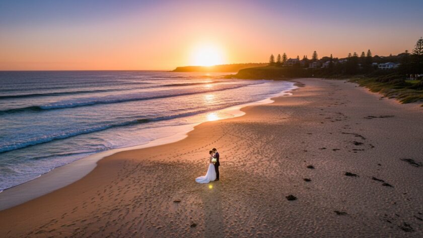 Dramatic aerial shot captured by Portsea drone photography for breathtaking coastal events, showing a vibrant wedding ceremony at sunset on the Portsea back beach, with guests silhouetted against the golden hour glow and the sparkling ocean in the background, a truly epic moment.