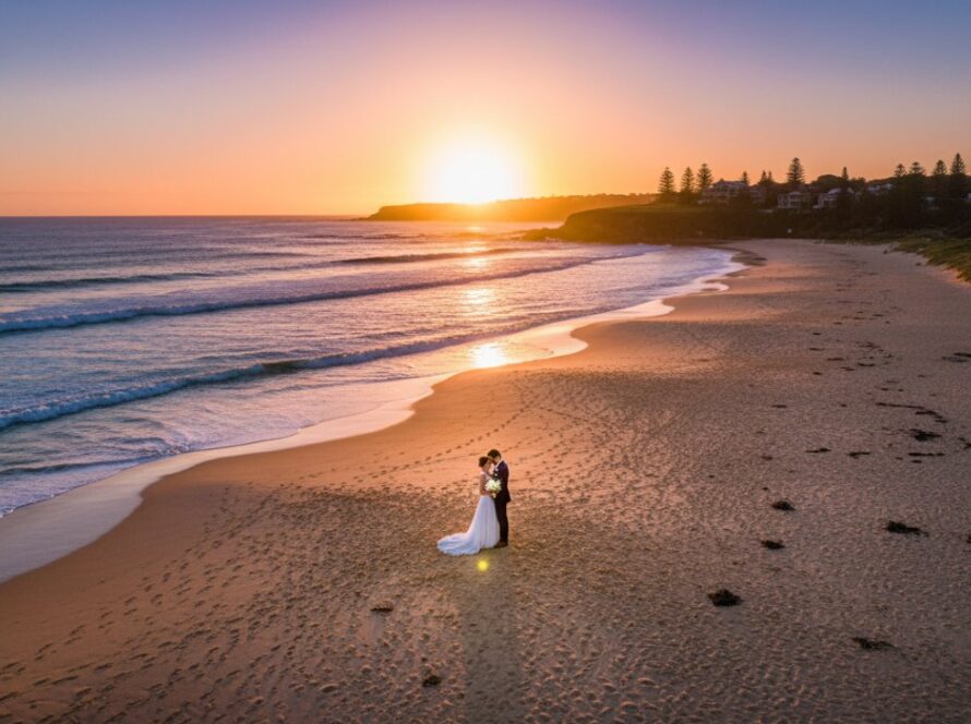 Dramatic aerial shot captured by Portsea drone photography for breathtaking coastal events, showing a vibrant wedding ceremony at sunset on the Portsea back beach, with guests silhouetted against the golden hour glow and the sparkling ocean in the background, a truly epic moment.