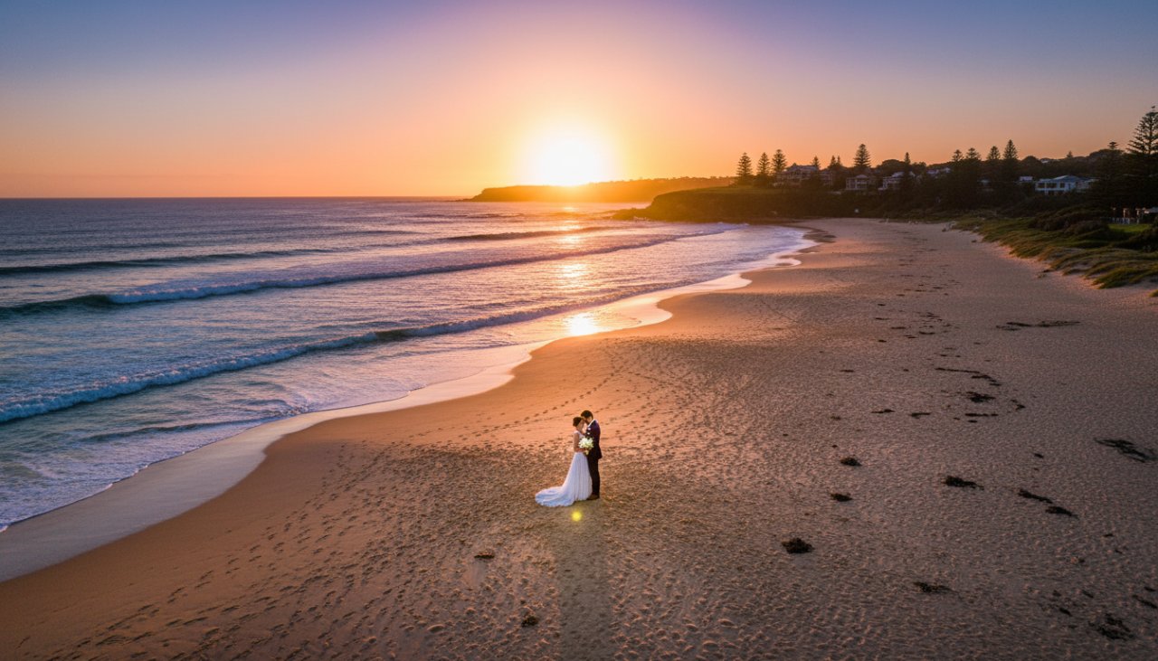 Dramatic aerial shot captured by Portsea drone photography for breathtaking coastal events, showing a vibrant wedding ceremony at sunset on the Portsea back beach, with guests silhouetted against the golden hour glow and the sparkling ocean in the background, a truly epic moment.