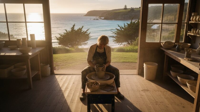 A dramatic aerial shot of a local chef presenting a fresh seafood dish on a rustic outdoor table overlooking the turquoise waters of Portsea beach at sunset, embodying Portsea editorial photography captures authentic Peninsula stories with a cinematic feel.
