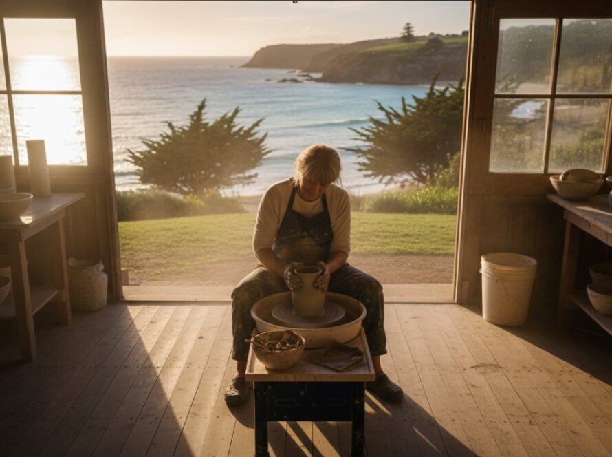 A dramatic aerial shot of a local chef presenting a fresh seafood dish on a rustic outdoor table overlooking the turquoise waters of Portsea beach at sunset, embodying Portsea editorial photography captures authentic Peninsula stories with a cinematic feel.