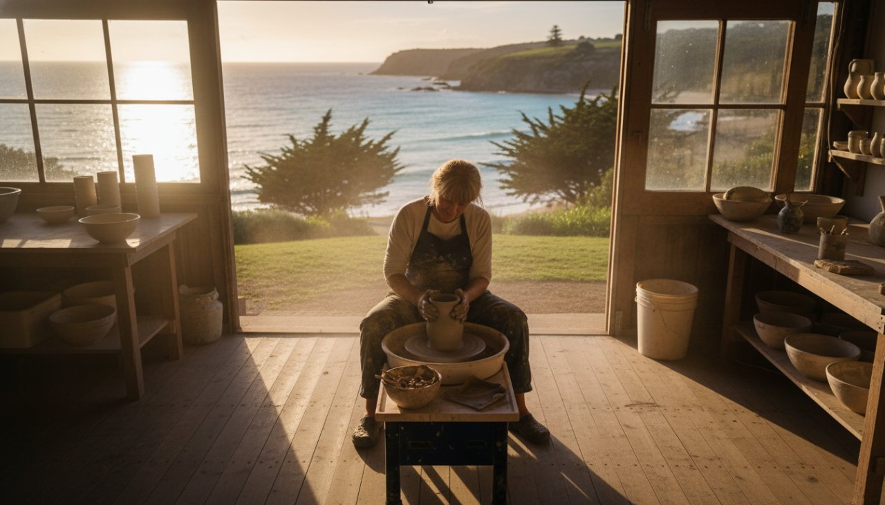 A dramatic aerial shot of a local chef presenting a fresh seafood dish on a rustic outdoor table overlooking the turquoise waters of Portsea beach at sunset, embodying Portsea editorial photography captures authentic Peninsula stories with a cinematic feel.