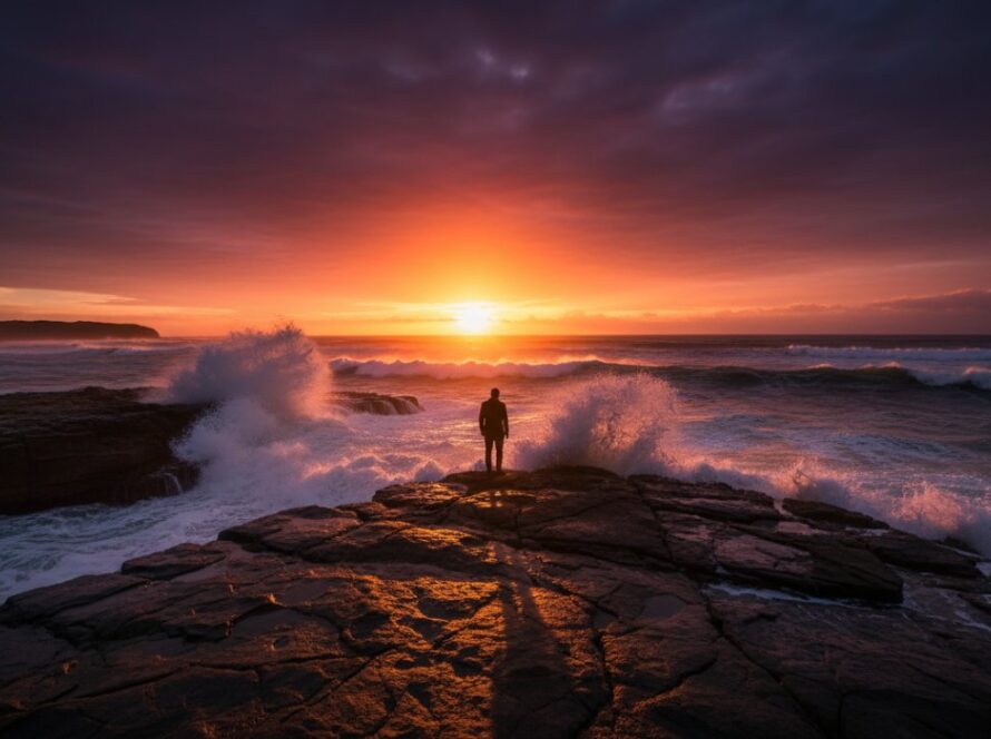 Portsea fine art coastal photography showcasing a dramatic sunrise over Point Nepean, with golden light reflecting on tranquil ocean waves and rugged cliffs, evoking a sense of serene grandeur.