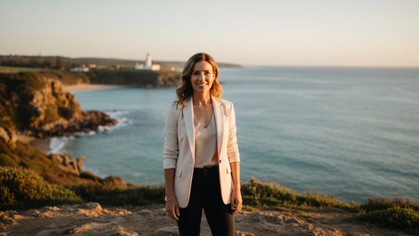A dynamic Portsea professional headshots capturing coastal charisma image, featuring a successful business professional against the stunning Portsea coastline at sunset, with golden light reflecting off the water and a confident, authentic expression.