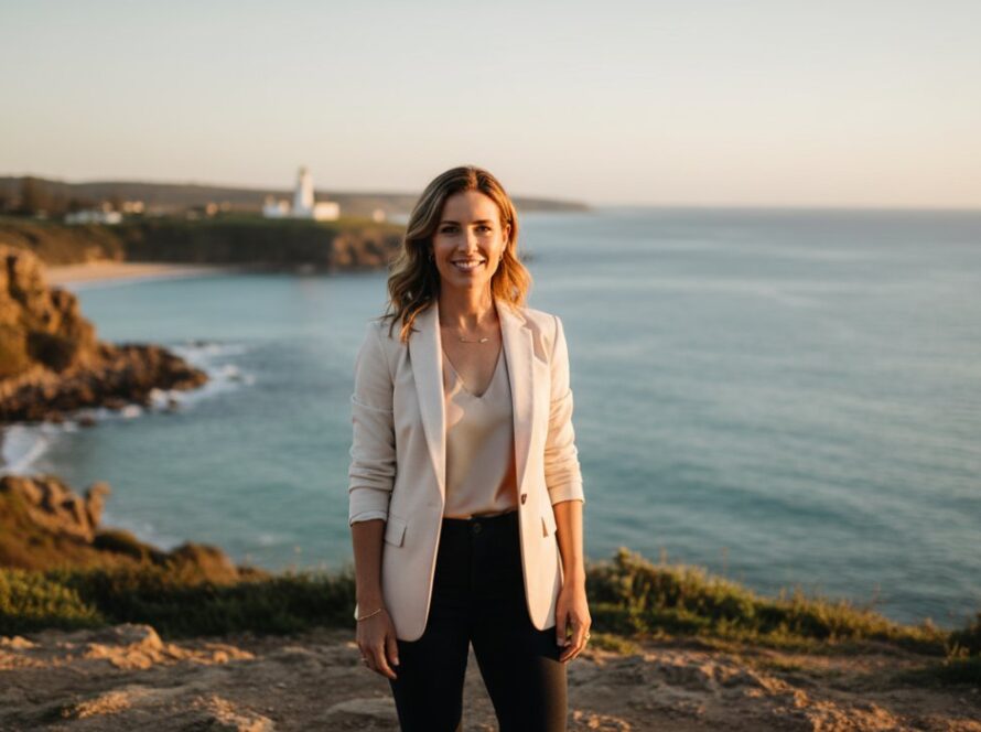 A dynamic Portsea professional headshots capturing coastal charisma image, featuring a successful business professional against the stunning Portsea coastline at sunset, with golden light reflecting off the water and a confident, authentic expression.