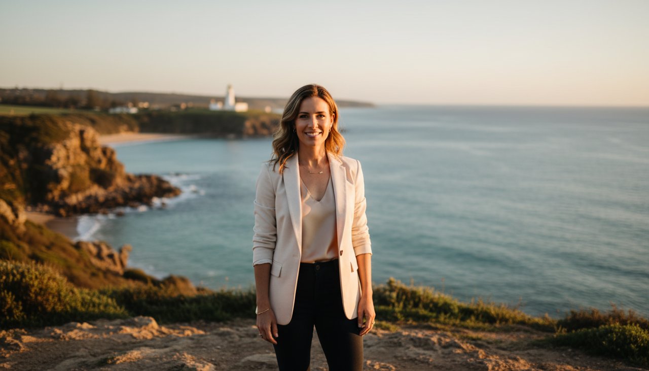 A dynamic Portsea professional headshots capturing coastal charisma image, featuring a successful business professional against the stunning Portsea coastline at sunset, with golden light reflecting off the water and a confident, authentic expression.