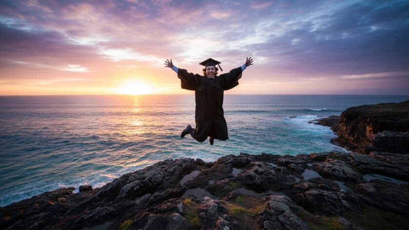A joyous graduate in cap and gown, framed by the dramatic Portsea cliffside at sunset, celebrating their Portsea Victoria graduation photoshoot experience with arms outstretched, overlooking the sparkling Bass Strait.