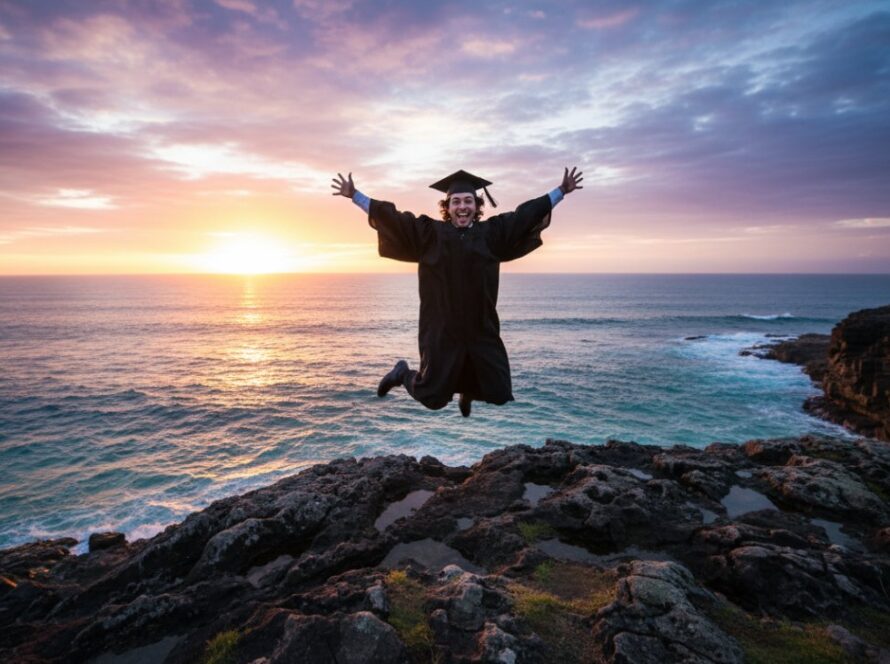 A joyous graduate in cap and gown, framed by the dramatic Portsea cliffside at sunset, celebrating their Portsea Victoria graduation photoshoot experience with arms outstretched, overlooking the sparkling Bass Strait.