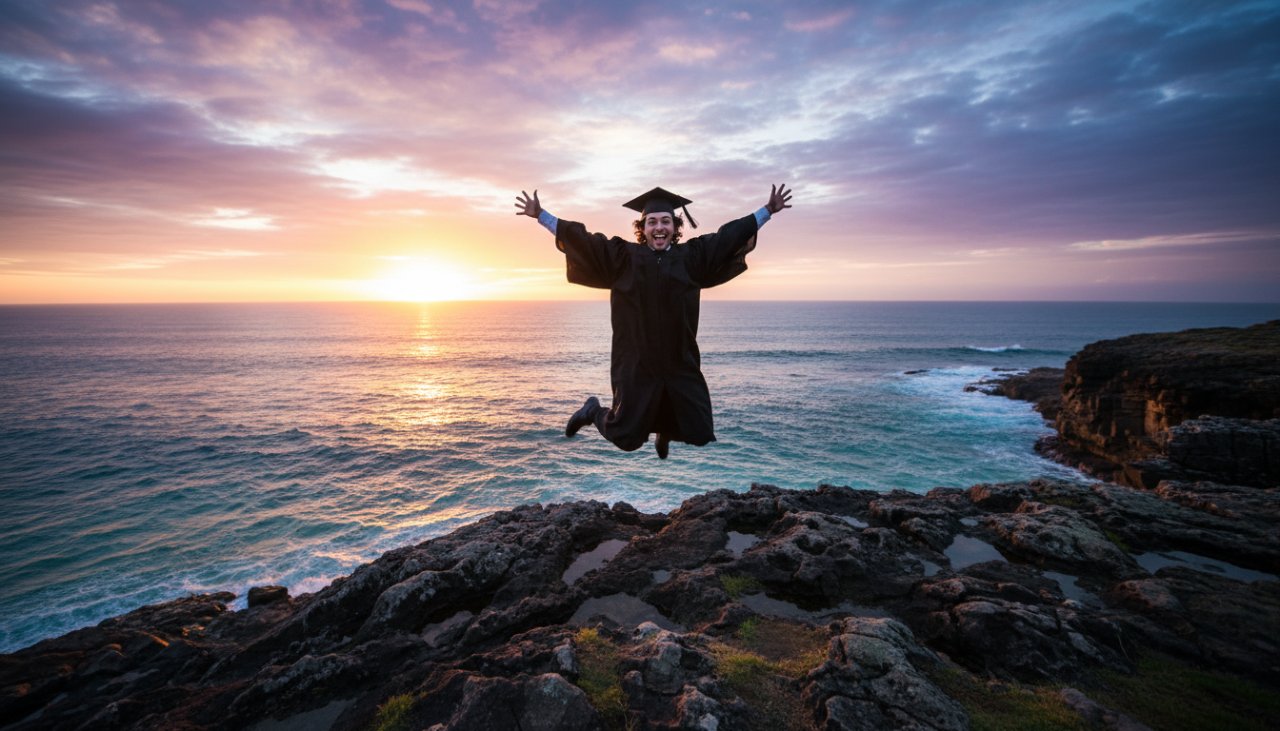 A joyous graduate in cap and gown, framed by the dramatic Portsea cliffside at sunset, celebrating their Portsea Victoria graduation photoshoot experience with arms outstretched, overlooking the sparkling Bass Strait.