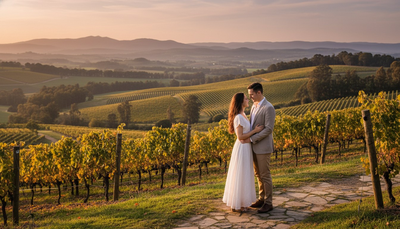A captivating pre-wedding shot of a couple sharing an intimate moment amidst the rolling vineyards and scenic landscape of the Yarra Valley, Victoria. The image should feature soft, golden hour lighting, highlighting the natural beauty of the surroundings and the genuine connection between the couple. The fashion aspect should be subtly present through their elegant, yet relaxed attire, blending seamlessly with the serene, natural setting. Focus on a realistic, high-quality photograph, showcasing the expansive Victorian landscape.