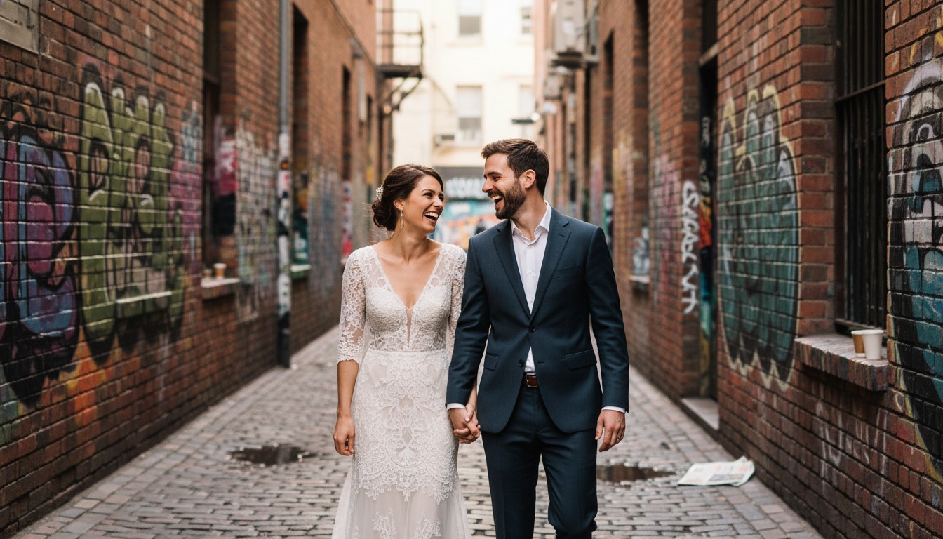 A candid, high-end wedding photography shot of a couple laughing intimately while strolling through a charming, graffiti-adorned Fitzroy laneway in Melbourne, with rich, textured brick walls and subtle urban light, in a romantic and authentic style. No text.
