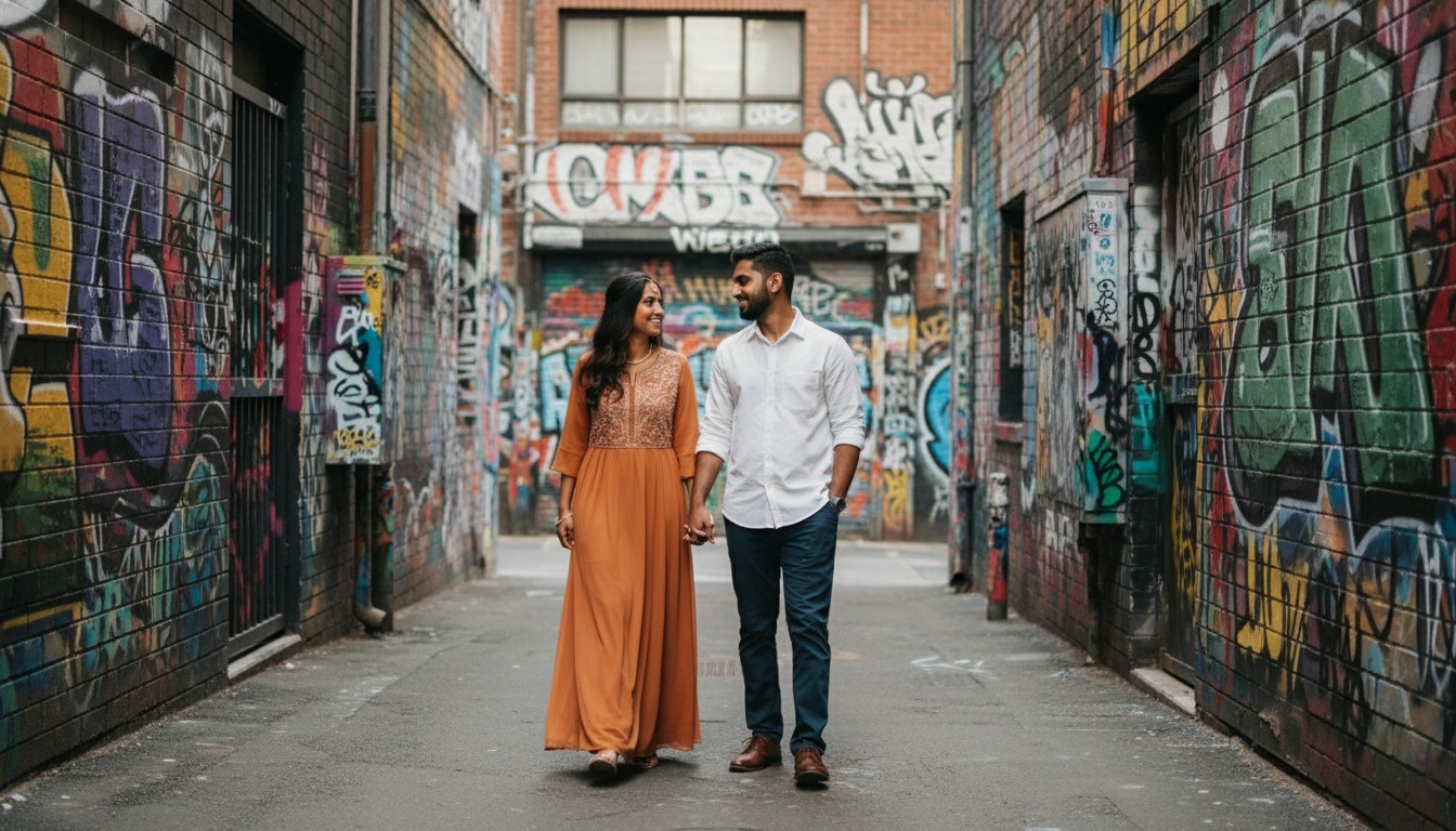 A romantic portrait of a diverse couple, smiling and walking hand-in-hand through a vibrant, graffiti-adorned Melbourne laneway (e.g., Hosier Lane or AC/DC Lane) during a pre-wedding photoshoot. The street art provides a colorful, dynamic backdrop, capturing the urban artistic spirit of Melbourne. Natural daylight, soft and diffused, illuminates the scene. The mood is candid, joyful, and authentically Melburnian. No transparent backgrounds or text. <em>If a sample image is provided, ensure the style, mood, and any featured people are consistent with it.</em>” /></figure>
<h3>Why Choose a Photography Studio for Your Pre-Wedding Shoot in Melbourne?</h3>
<p>Melbourne’s charm is undeniable, but its weather can be a real wildcard. One moment it’s glorious sunshine, the next, a sudden downpour or a blustery wind. This is where a professional photography studio truly shines for your pre-wedding experience.</p>
<p><em>   <strong>Weather Immunity</strong>: Escape Melbourne’s notorious four seasons in one day. A studio guarantees a comfortable, climate-controlled environment, allowing you to relax and focus on each other without worrying about rain, wind, or extreme temperatures ruining your carefully planned looks.</p>
<p></em>   <strong>Controlled Environment</strong>: Imagine perfect lighting, precisely where you need it, for every shot. Studios offer unparalleled control over lighting, temperature, and privacy, creating an ideal setting for focused and intimate moments. This consistent environment ensures high-quality professional photos every time.</p>
<p><em>   <strong>Creative Versatility</strong>: A well-equipped studio near you provides access to a diverse range of backdrops, props, and advanced lighting equipment. This opens up endless stylistic possibilities, from classic elegance to modern chic, allowing your wedding photographer to craft truly unique and personalised images. Many studios in creative hubs like Collingwood or Brunswick boast incredible setups.</p>
<p></em>   <strong>Privacy & Intimacy</strong>: For couples who prefer a more secluded space, a studio offers invaluable privacy. This allows you to truly relax, be yourselves, and express genuine emotions without the distractions or onlookers of public spaces. It’s an ideal setting for romantic portraiture, or even a more personal boudoir shoot if you’re looking for something extra intimate to surprise your partner.</p>
<p><em>   <strong>Professional Setup</strong>: When you choose a reputable photo studio, you benefit from high-end cameras, a range of lenses, and the expertise of professional photographers who understand how to maximise studio capabilities. This professional photography setup ensures your pre wedding photography is of the highest standard.</p>
<h3>Inspiring Studio Concepts for Your Melbourne Pre-Wedding Shoot</h3>
<p>The beauty of a studio is its ability to transform. Here are some inspiring concepts to consider for your Melbourne pre-wedding photoshoot:</p>
<p></em>   <strong>Elegant & Timeless</strong>: Embrace sophistication with classic black and white photography. Minimalist sets, sophisticated gowns and suits, and dramatic mood lighting can create a refined, fine art photography look that transcends trends. These black and white photos will be cherished for generations, offering a vintage feel with modern execution.</p>
<p><em>   <strong>Fun & Playful</strong>: Let your personalities shine! Incorporate personal hobbies, quirky props like balloons, custom signs, or even pets. Vibrant colours and candid interactions make for joyful, energetic images that truly capture your dynamic as a couple.</p>
<p></em>   <strong>Romantic & Intimate</strong>: Soft, dreamy lighting, close-up shots focusing on connection, and subtle backdrops create a deeply emotional and romantic atmosphere. Think gentle touches, whispered secrets, and genuine expressions of love. This is also where a professional photographer can guide you through poses that feel natural and enhance intimacy, perhaps even capturing delicate boudoir photography elements if desired.</p>
<p><em>   <strong>Modern & Urban Chic</strong>: Melbourne’s creative studio spaces often feature industrial backdrops, raw textures, and edgy lighting. Combine this with contemporary styling for a sleek, minimalist aesthetic that reflects the city’s urban cool. It’s a fantastic way to achieve that editorial, modern portrait photo.</p>
<p></em>   <strong>Themed & Personalised</strong>: Do you share a passion for coffee, music, or art? Recreate a special date, incorporate cultural elements, or showcase shared hobbies. For instance, a cosy “café” setup or a dramatic “concert” scene can make your engagement photos uniquely yours.</p>
<h3>Finding the Perfect Photography Studio Near You in Melbourne</h3>
<p>Finding the right spot is crucial for a successful studio shoot. Melbourne and Victoria boast a wealth of talented photographers and excellent studio facilities.</p>
<p><em>   <strong>Research Local Hubs</strong>: Begin your search by exploring studios in Melbourne’s vibrant creative precincts. Suburbs like Collingwood, Brunswick, Richmond, or South Melbourne are renowned for their bustling arts and photography communities, offering many top-notch photography studios near me. You can start by checking resources like <a href=