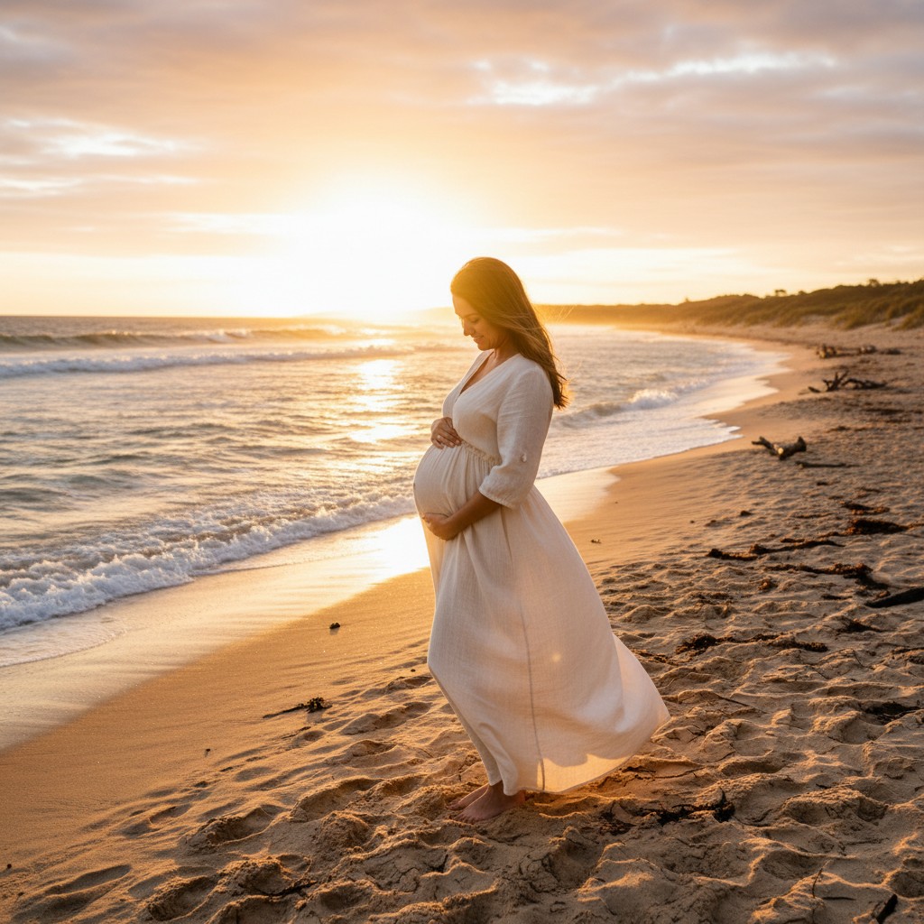 A realistic, high-quality photograph of an expectant mother gently cradling her belly while standing on a secluded Australian beach at sunset. The golden hour light casts a warm glow, with gentle waves in the background and soft sand underfoot. She wears a simple, elegant dress that accentuates her silhouette. Avoid adding any text to the image.